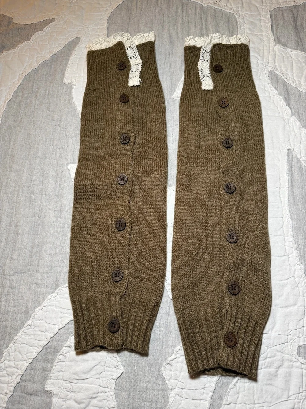 Olive Green Button-Front Knit Arm Warmers with Lace Trim